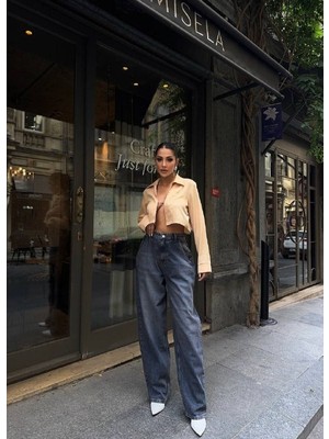 Herton Kadın Gri Füme Geniş Paça %100 Pamuk Jean Pantolon - Yüksek Bel Salaş Denim