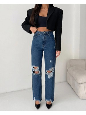 Herton Kadın  Dizleri Yırtık %100 Pamuk Jean Pantolon - Paçası Kesik Mom Fit Denim