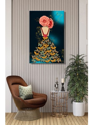 Şehber Dikey Tekli Kanvas Duvar Tablosu Modern Salon Mutfak Yatak Odası Ofis Kelebek Elbiseli Kadın
