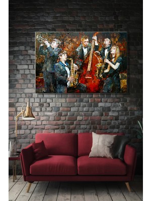 Şehber Yatay Kanvas Duvar Tablosu Tekli Salon Mutfak Yatak Odası Ofis Yağlı Boya Efekt Müzisyenler