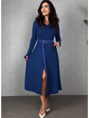 Bizcomoda Kadın Uzun Kollu Yakalı Belden Deri Detaylı Kuşaklı Yırtmaçlı Midi Viskon Iki Iplik Elbise