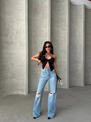 Herton Kadın Antrasit Yüksek Bel Wide Leg Jean Pantolon - %100 Pamuk  Denim