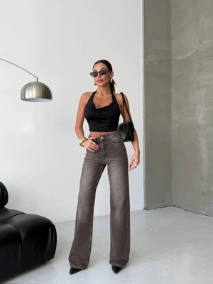 Herton Kadın Antrasit Yüksek Bel Wide Leg Jean Pantolon - %100 Pamuk  Denim
