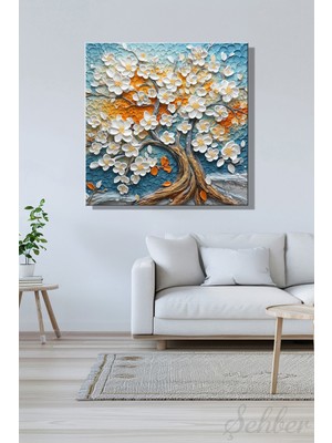 Şehber Modern Duvar Tablosu Kare Kanvas Tekli Salon Mutfak Yatak Odası Ofis 3D Efekt Beyaz Çiçekler