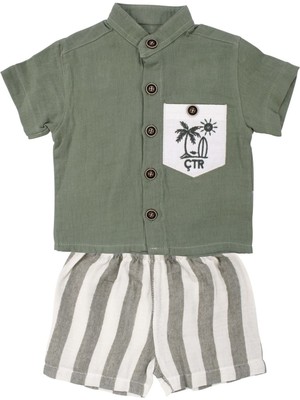 by BebekOdam Erkek Bebek Yeşil Düğmeli Palmiye Nakışlı Müslin Çizgili Şortlu 2'li Ikili Takım - 1016779