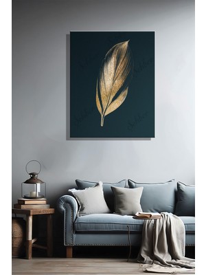 Şehber Altın Kuş Tüyü Kanvas Tablo Dikey Dekoratif Duvar Tablosu Salon Mutfak Yatak Odası Ofis