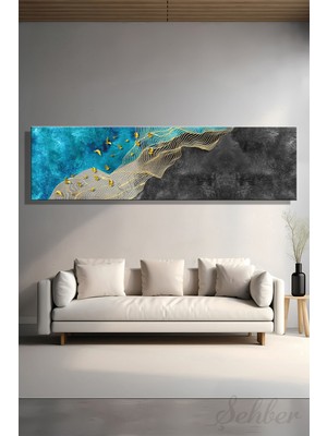 Şehber Kanvas Duvar Tablosu Panoramik Yatay Tekli Salon Mutfak Yatak Odası Ofis Soyut Altın Kuşlar