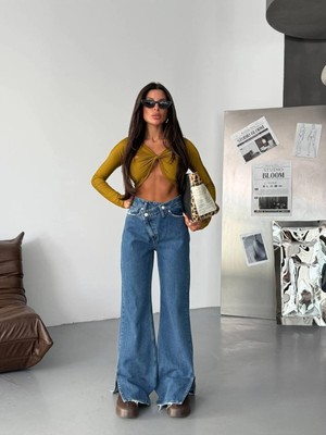 Herton Çift Düğmeli Yüksek Bel Yırtmaç Detaylı Wide Leg Jean Pantolon