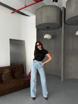 Herton Kadın Yüksek Bel Asimetrik Çapraz Kemer Wide Leg Jean –  %98 Pamuk Bol Paça Pantolon