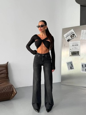 Herton Yüksek Bel Siyah Wide Leg Pantolon – Ispanyol Paça, %98 Pamuk Cotton, Şık ve Modern Kadın Jean