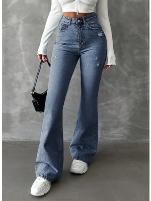 Herton Yüksek Bel Ispanyol Paça Jean Pantolon - Eskitme Detaylı Full Pamuklu Flare Denim