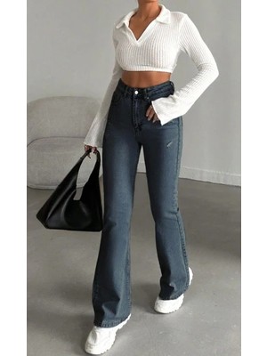 Herton Yüksek Bel Ispanyol Paça Jean Pantolon - Eskitme Detaylı Full Pamuklu Flare Denim
