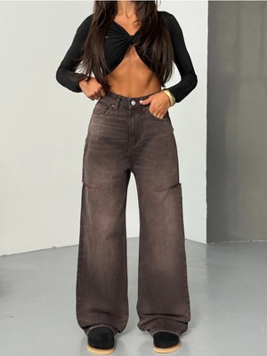 Herton  Yüksek Bel Kadın Jean Pantolon Bol Paça %100 Pamuk