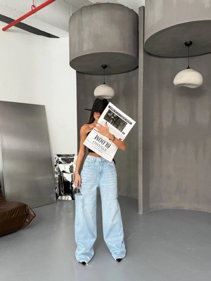 Herton  Yüksek Bel Kadın Jean Pantolon Bol Paça %100 Pamuk