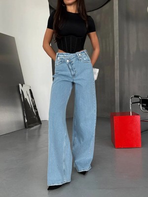 Herton Kadın %98 Pamuk Yüksek Bel Asimetrik Bel Wide Leg Jean