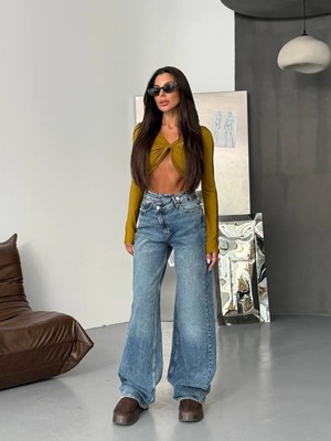 Herton Kadın %98 Pamuk Yüksek Bel Asimetrik Bel Wide Leg Jean