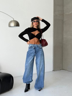 Herton Kadın %98 Pamuk Yüksek Bel Asimetrik Bel Wide Leg Jean