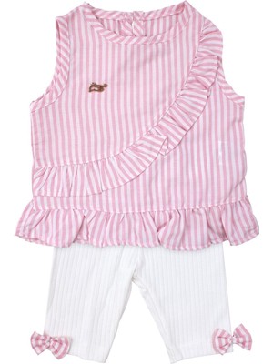by BebekOdam Kız Bebek Pembe Beyaz Çizgili Fırfırlı 2'li Takım - 1016786