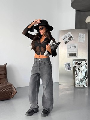 Herton Kadın Baggy Jean Pantolon - Geniş Paça %100 Pamuk Normal Bel Salaş Denim