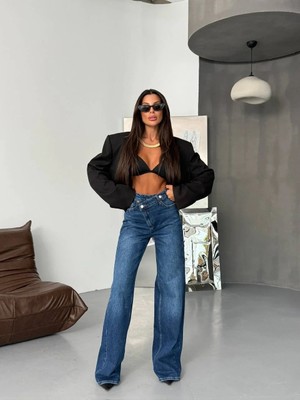 Herton Kadın %98 Pamuk Yüksek Bel Asimetrik Bel Wide Leg Jean
