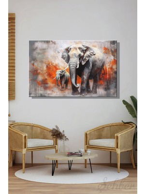 Şehber Kanvas Duvar Tablosu Yatay Tekli Salon Mutfak Yatak Odası Ofis Soyut Anne ve Yavru Fil
