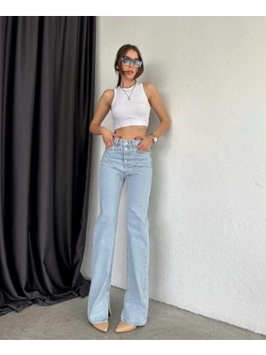 Herton Kadın Yüksek Bel Mugler Dikiş Detaylı Jean Pantolon - Paçası Yırtmaçlı, %100 Pamuk