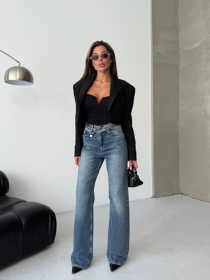 Herton Kadın Yüksek Bel Çapraz Düğme Detaylı Wide Leg Jean Pantolon
