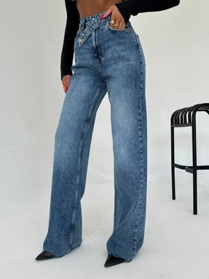 Herton Kadın Asimetrik Çapraz Bel Detaylı Wide Leg Jean Pantolon
