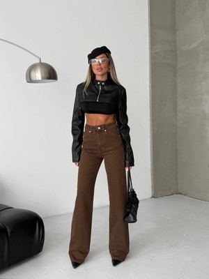 Herton Kadın Antrasit Yüksek Bel Wide Leg Jean Pantolon - %100 Pamuk  Denim