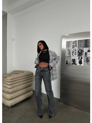 Herton Kadın Yüksek Bel Asimetrik Çapraz Kemer Wide Leg Jean –  %98 Pamuk Bol Paça Pantolon