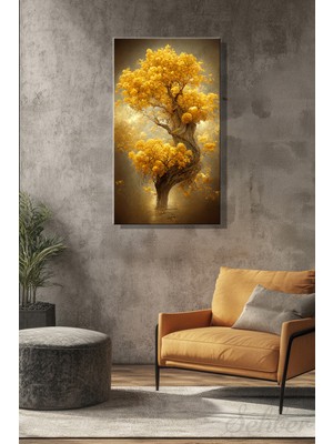 Şehber Panoramik Dikey Kanvas Duvar Tablosu Tekli Salon Mutfak Yatak Odası Ofis Altın Ağaç
