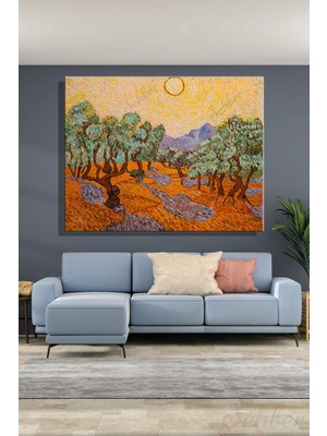 Şehber Kanvas Tablo Yatay Tekli Salon Ofis Vincent Van Gogh Sarı Gökyüzü ve Güneşli Zeytin Ağaçları