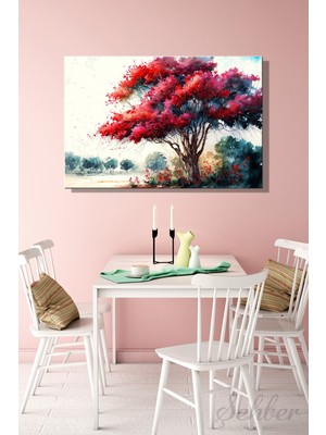 Şehber Yatay Kanvas Duvar Tablosu Tekli Salon Mutfak Yatak Odası Ofis Sulu Boya Efekt Kırmızı Ağaç