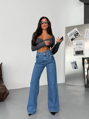 Herton Kadın Mavi %98 Pamuk Geniş Paça Jean Pantolon - Düşük Esnemeli Comfort Wide Leg Denim