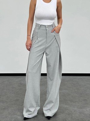 Herton Yüksek Bel Oversize Kesim Bej Palazzo Pantolon