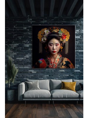 Şehber Modern Dekoratif Tekli Kanvas Duvar Tablosu Kare Salon Mutfak Yatak Odası Ofis Japon Geyşa