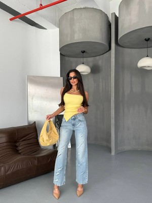 Herton Kadın Açık Mavi Yırtık Detaylı Straight Fit %100 Pamuk Jean Pantolon