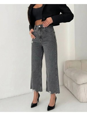 Herton Kadın Antrasit Wide Leg %100 Pamuk Jean Pantolon - Paçası Yıpratılmış Geniş Kesim