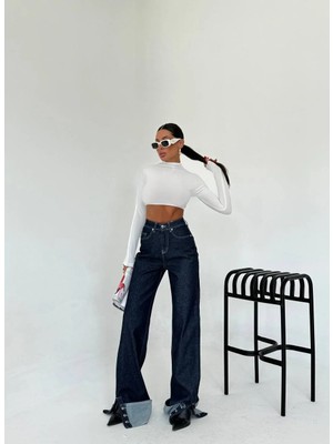 Herton Yüksek Bel Geniş Paça Jean - Paçası Katlamalı Indigo Denim Pantolon
