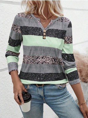 Nnstartshopping  Kadın Uzun Kollu Yakadan Düğmeli Çizgili Desenli Süprem Bluz
