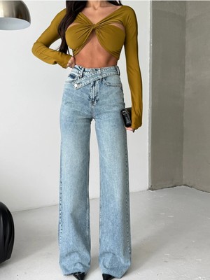 Herton Kadın Asimetrik Çapraz Bel Detaylı Wide Leg Jean Pantolon