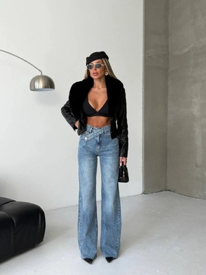 Herton Kadın Asimetrik Çapraz Bel Detaylı Wide Leg Jean Pantolon