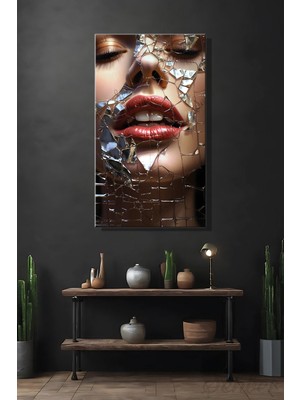 Şehber Dikey Kanvas Tablo Tekli Duvar Dekoru Kırık Camda Kadın Portre Salon Mutfak Yatak Odası Ofis