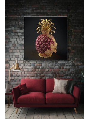 Şehber Kare Kanvas Duvar Tablosu Dekoratif Tekli Siyah Fonda Kristal Ananas Salon Mutfak Yatak Odası Ofis