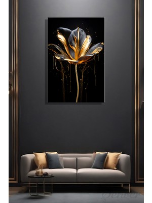 Şehber Modern Dekoratif Tekli Kanvas Duvar Tablosu Dikey Salon Mutfak Yatak Odası Ofis Altın Çiçek
