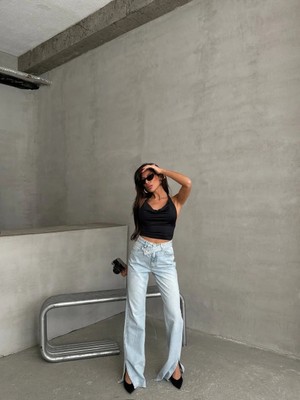 Herton Kadın Yüksek Bel Çapraz Kemer Wide Leg Jean – %100 Pamuk Füme Denim Pantolon