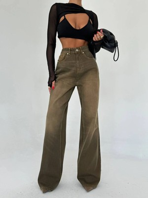 Herton Bağlama Detaylı Yüksek Bel Bol Paça Açık Denim Jean