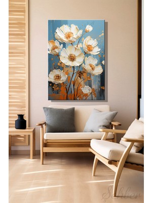 Şehber Dikey Kanvas Duvar Tablosu Tekli Salon Mutfak Yatak Odası Ofis 3D Yağlı Boya Efekt Çiçekler