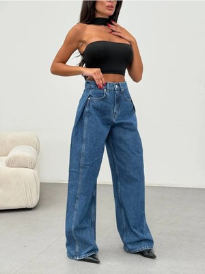 Herton Kadın Mavi Asimetrik Detaylı Geniş Paça %100 Pamuk Jean Pantolon