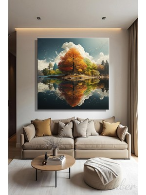 Şehber Kanvas Duvar Tablosu Kare Tekli Salon Mutfak Yatak Odası Ofis Sonbahar Göl Dijital Manzara
